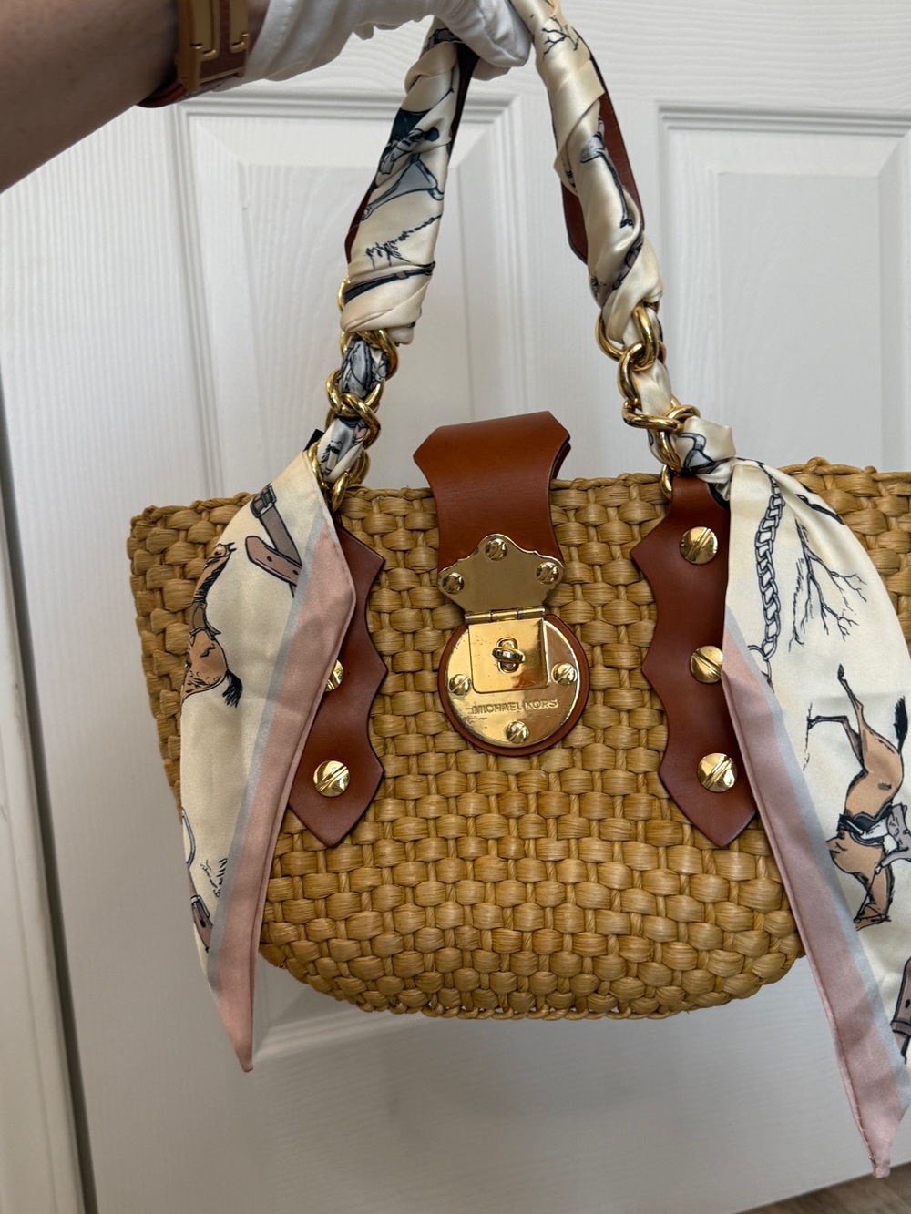 Michael Michael Kors Woven Straw Tote Leather Trim Gold Chain Bag